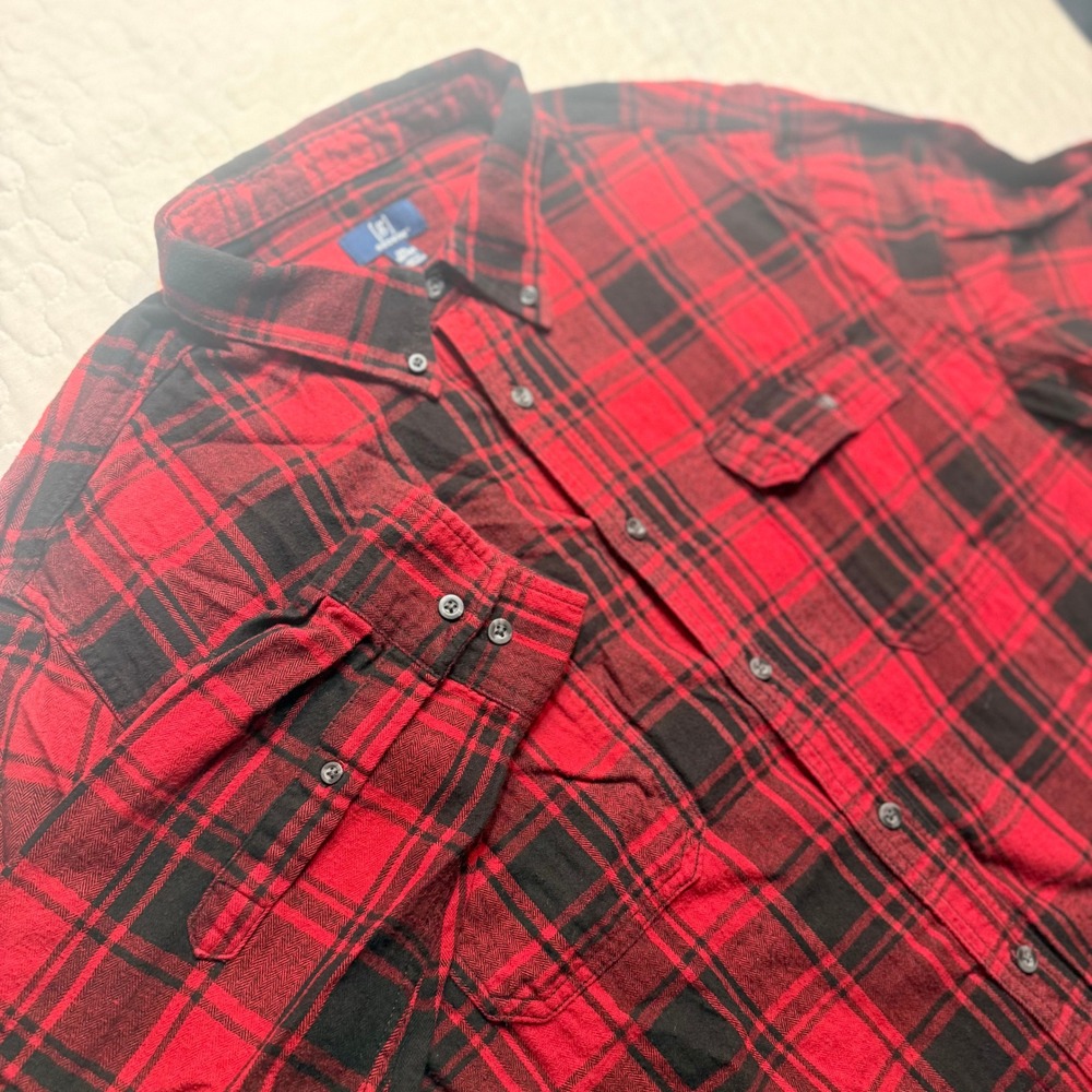 Men 2XL Flannel Shirt Red Black Plaid L/S Button Down BUFFALO LAYERING OUTDOOR